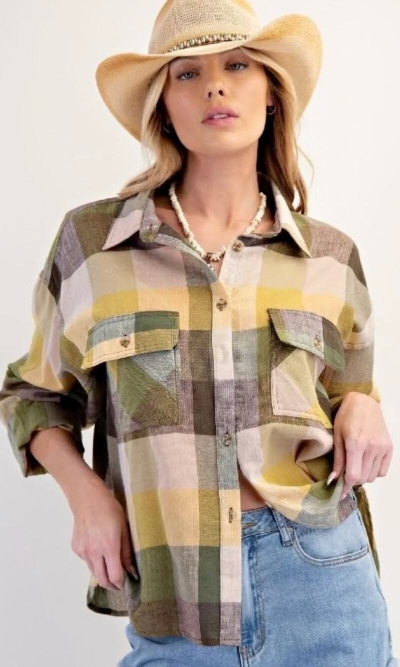 E1991. Easel Olive Linen Washed Plaid Button Down Shirt NWT